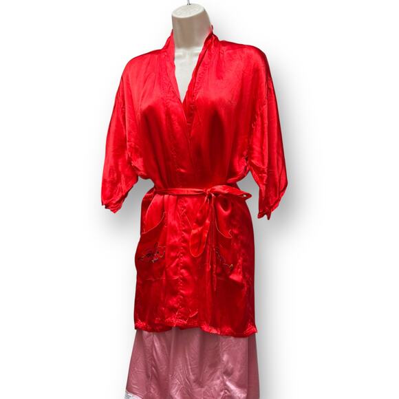 Vintage Red Satin Dragon Robe Short Kimono Aloha Hawaii Embroidered Rayon S - Picture 5 of 13